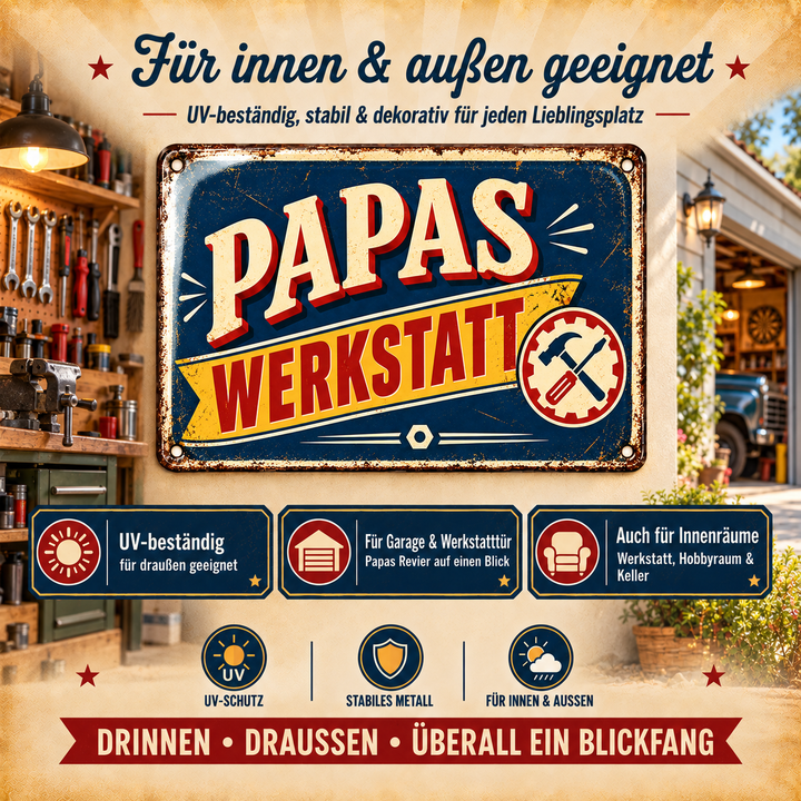 Papas Werkstatt Metallschild – Retro-Werkzeugmotiv von Leotie – Dekoration für innen und außen, 30 × 20 cm