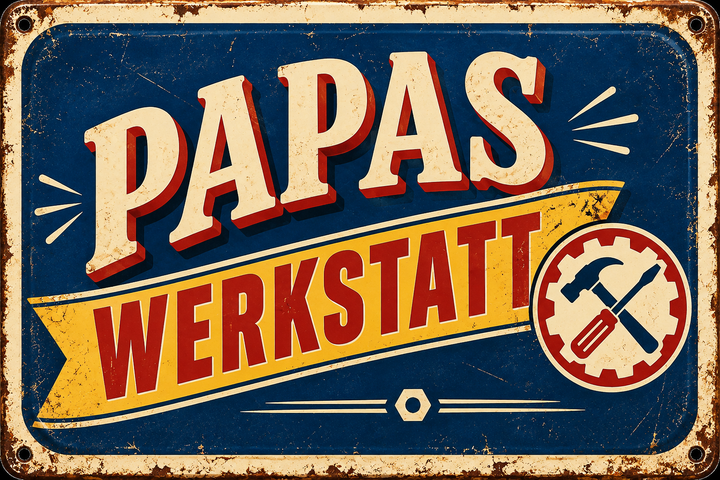 Papas Werkstatt Metallschild – Retro-Werkzeugmotiv von Leotie – Motivansicht, 30 × 20 cm