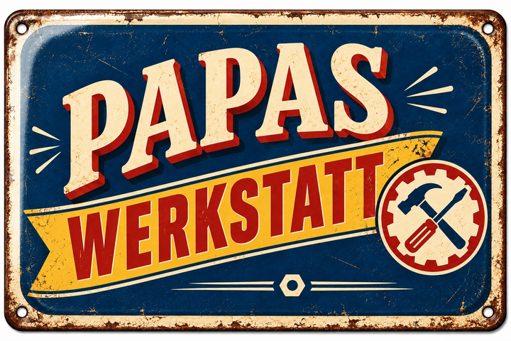 Papas Werkstatt Metallschild – Retro-Werkzeugmotiv von Leotie – Titelbild mit Schimmereffekt, 30 × 20 cm