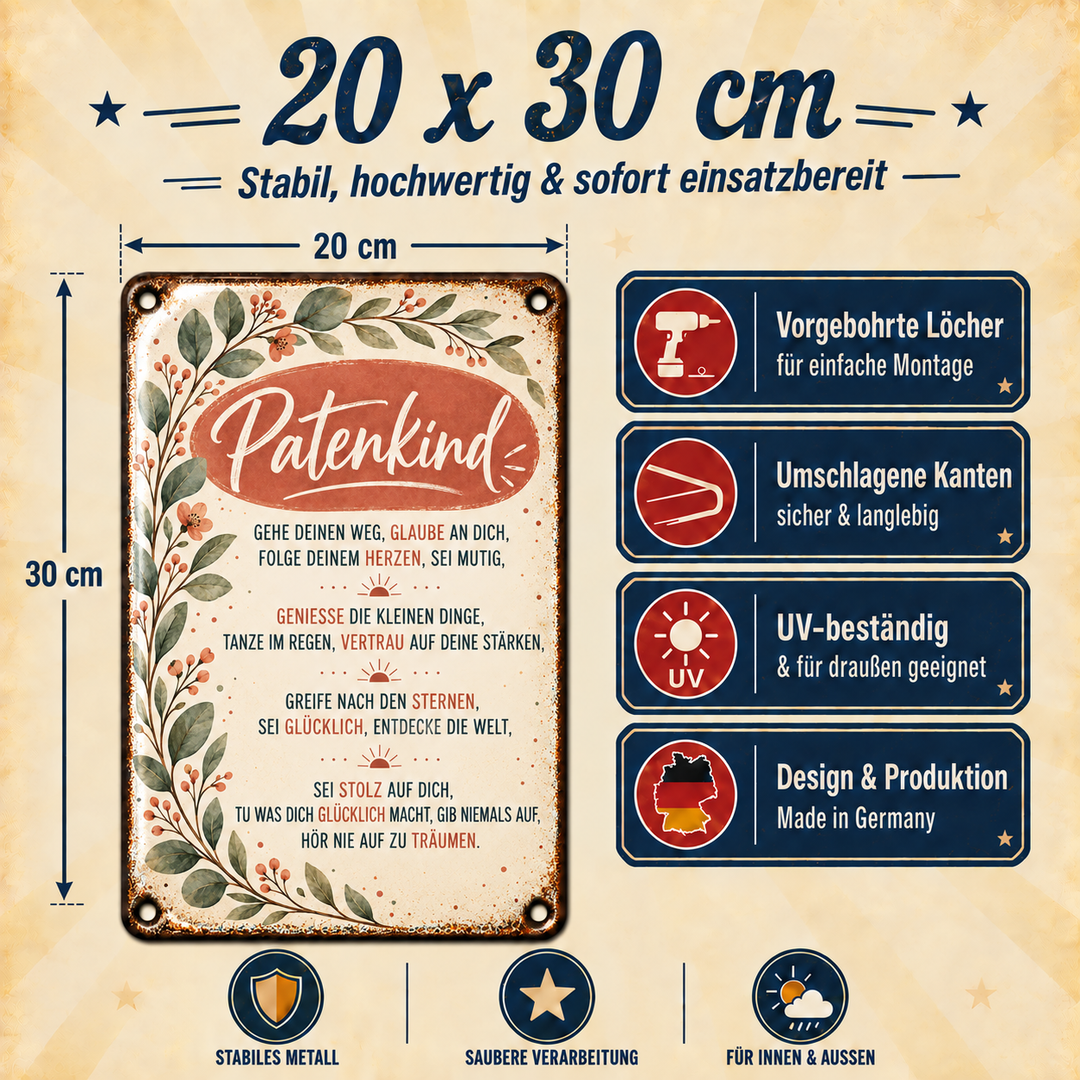 Patenkind Metallschild – Wünsche für deinen Weg von Leotie – Maße und Produkteigenschaften, 20 × 30 cm
