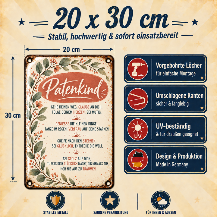 Patenkind Metallschild – Wünsche für deinen Weg von Leotie – Maße und Produkteigenschaften, 20 × 30 cm