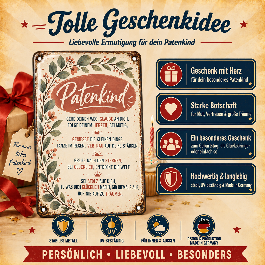 Patenkind Metallschild – Wünsche für deinen Weg von Leotie – Geschenkidee, 20 × 30 cm