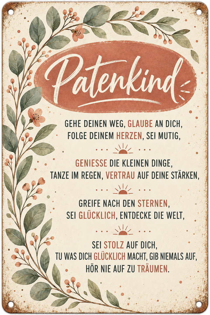 Patenkind Metallschild – Wünsche für deinen Weg von Leotie – Motivansicht, 20 × 30 cm