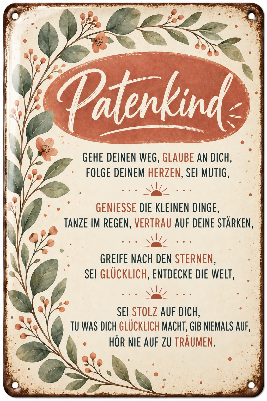 Patenkind Metallschild – Wünsche für deinen Weg von Leotie – Titelbild mit Schimmereffekt, 20 × 30 cm