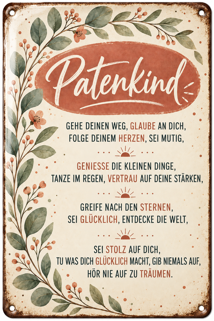 Patenkind Metallschild – Wünsche für deinen Weg von Leotie – Titelbild mit Schimmereffekt, 20 × 30 cm