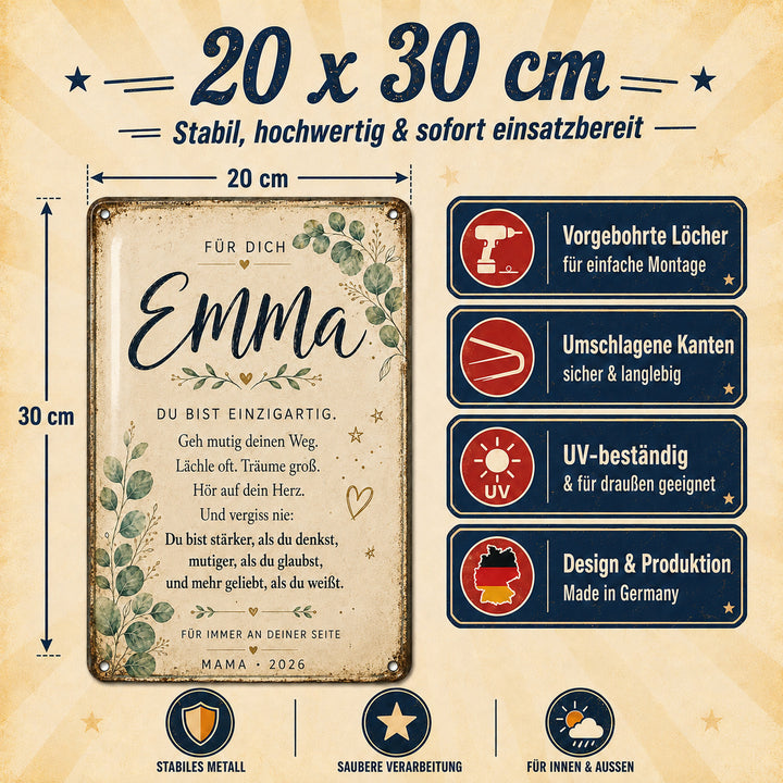 Du bist einzigartig – Mutmacher mit Eukalyptus – personalisiertes Leotie Metallschild, 20 × 30 cm – Produktabbildung 2