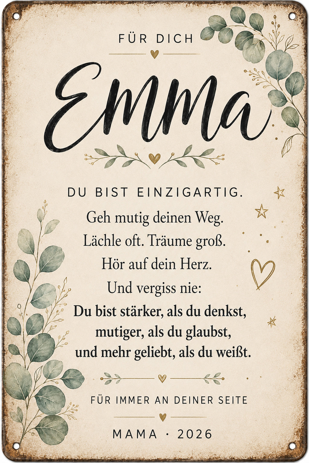 Du bist einzigartig – Mutmacher mit Eukalyptus – personalisiertes Leotie Metallschild, 20 × 30 cm – Motivansicht