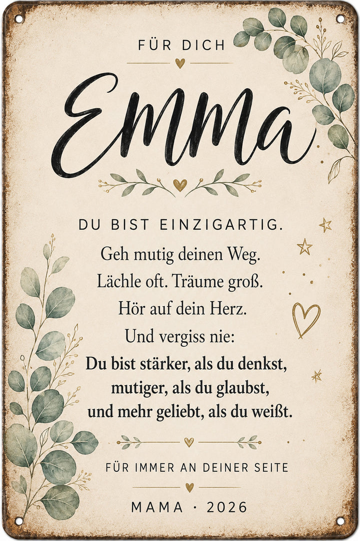 Du bist einzigartig – Mutmacher mit Eukalyptus – personalisiertes Leotie Metallschild, 20 × 30 cm – Motivansicht
