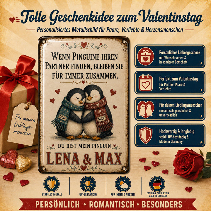 Du bist mein Pinguin – Pinguinpaar mit Schals – personalisiertes Leotie Metallschild, 20 × 30 cm – Produktabbildung 2