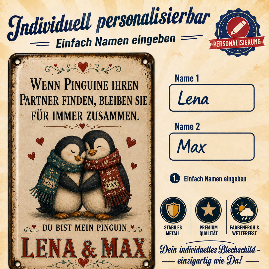Du bist mein Pinguin – Pinguinpaar mit Schals – personalisiertes Leotie Metallschild, 20 × 30 cm – Produktabbildung 3