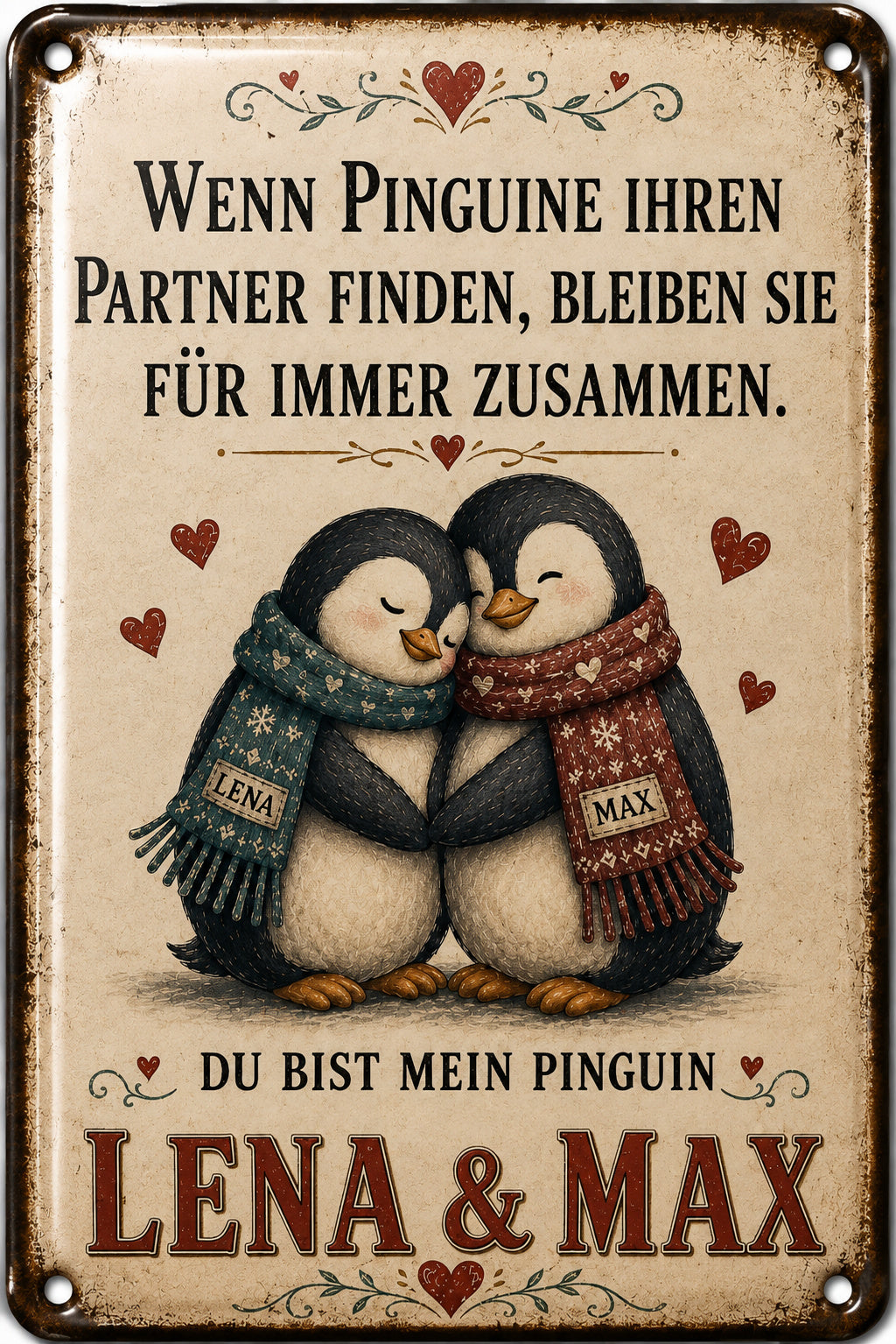 Du bist mein Pinguin – Pinguinpaar mit Schals – personalisiertes Leotie Metallschild, 20 × 30 cm – Motivansicht