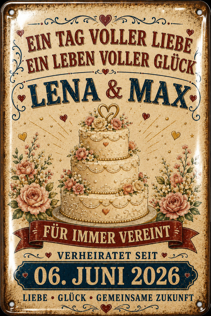Ein Tag voller Liebe – Hochzeitstorte – personalisiertes Leotie Metallschild, 20 × 30 cm – Motivansicht