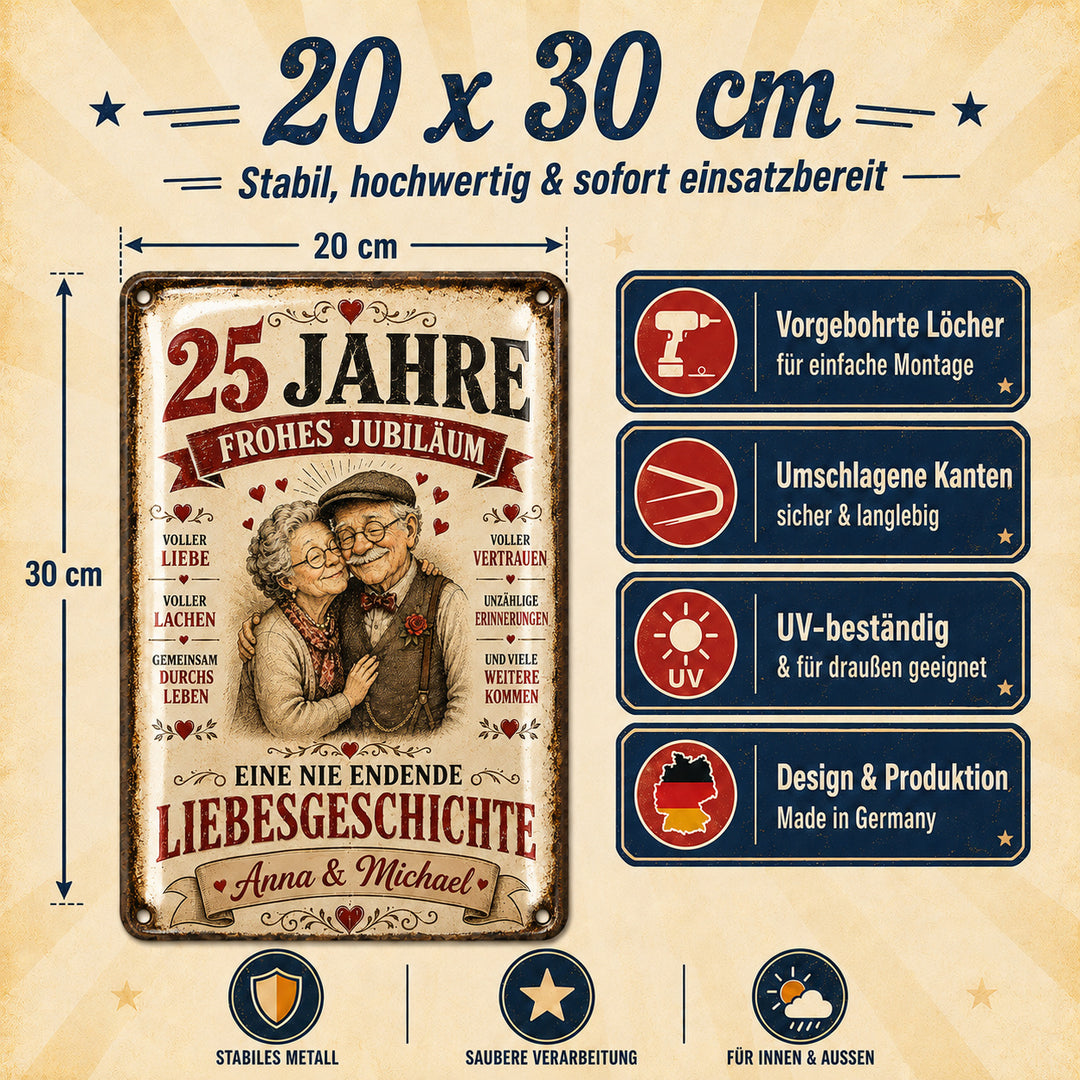 Frohes Jubiläum – Eine nie endende Liebesgeschichte – personalisiertes Leotie Metallschild, 20 × 30 cm – Produktabbildung 3