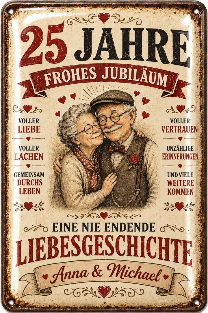 Frohes Jubiläum – Eine nie endende Liebesgeschichte – personalisiertes Leotie Metallschild, 20 × 30 cm – Motivansicht
