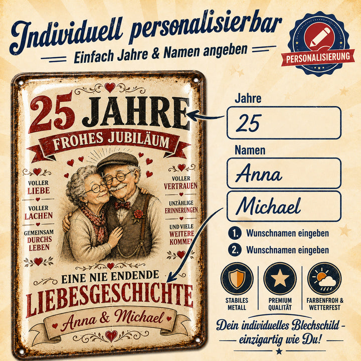 Frohes Jubiläum – Eine nie endende Liebesgeschichte – personalisiertes Leotie Metallschild, 20 × 30 cm – Produktabbildung 4
