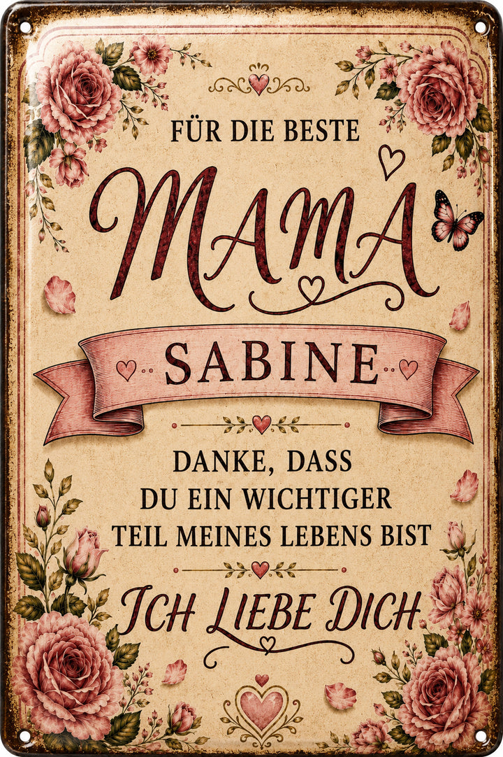 Für die beste Mama – Danke, dass es dich gibt – personalisiertes Leotie Metallschild, 20 × 30 cm – Motivansicht