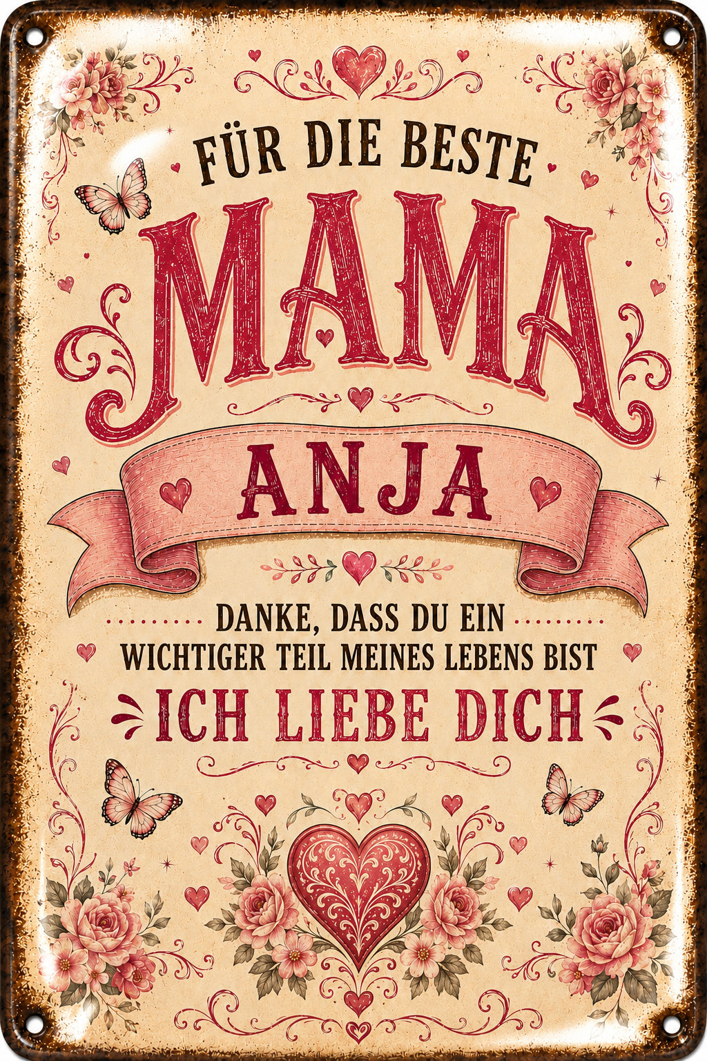 Für die beste Mama – Ich liebe dich – personalisiertes Leotie Metallschild, 20 × 30 cm – Motivansicht
