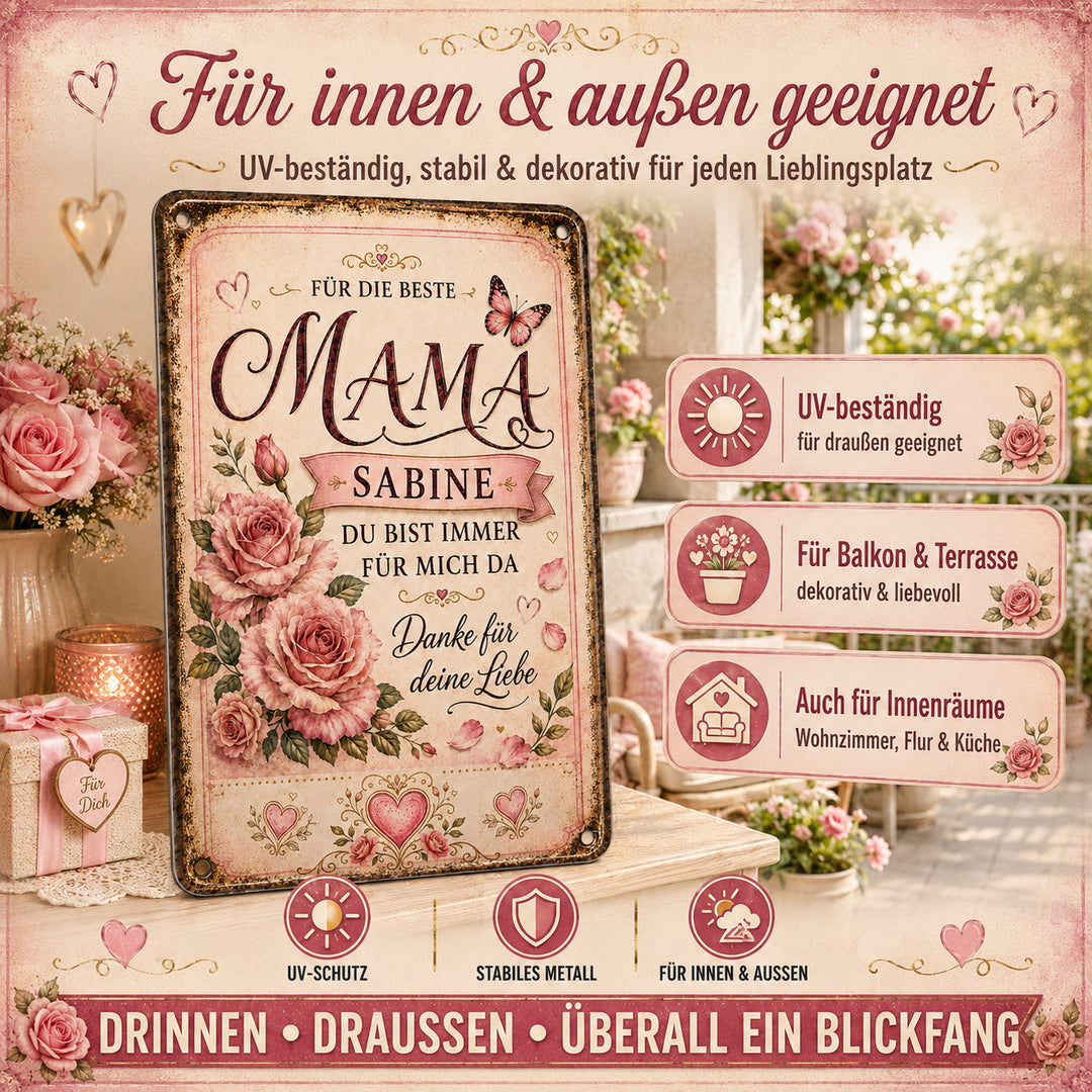 Für die beste Mama – Rosen &amp; Schmetterlinge – personalisiertes Leotie Metallschild, 20 × 30 cm – Produktabbildung 2