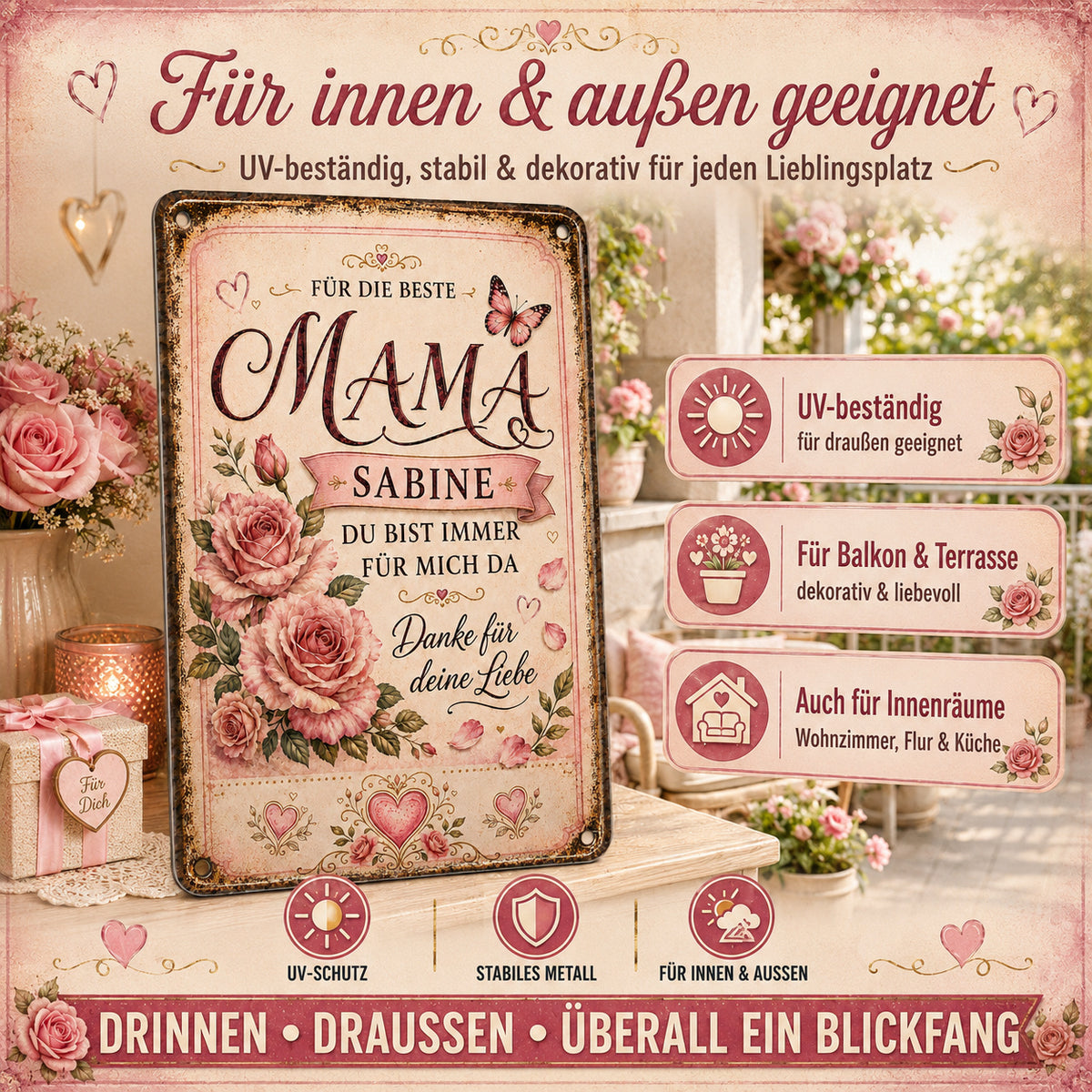 Für die beste Mama – Rosen & Schmetterlinge – personalisiertes Leotie Metallschild, 20 × 30 cm – Produktabbildung 2