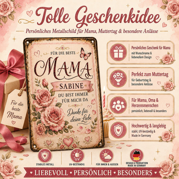 Für die beste Mama – Rosen &amp; Schmetterlinge – personalisiertes Leotie Metallschild, 20 × 30 cm – Produktabbildung 4