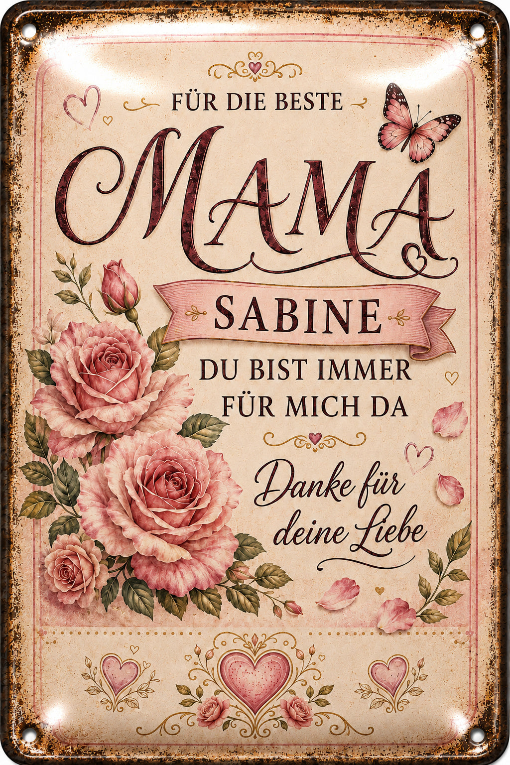 Für die beste Mama – Rosen &amp; Schmetterlinge – personalisiertes Leotie Metallschild, 20 × 30 cm – Motivansicht