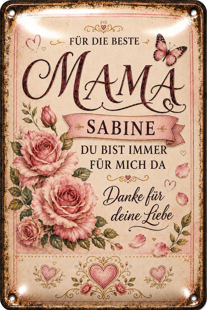 Für die beste Mama – Rosen &amp; Schmetterlinge – personalisiertes Leotie Metallschild, 20 × 30 cm – Motivansicht