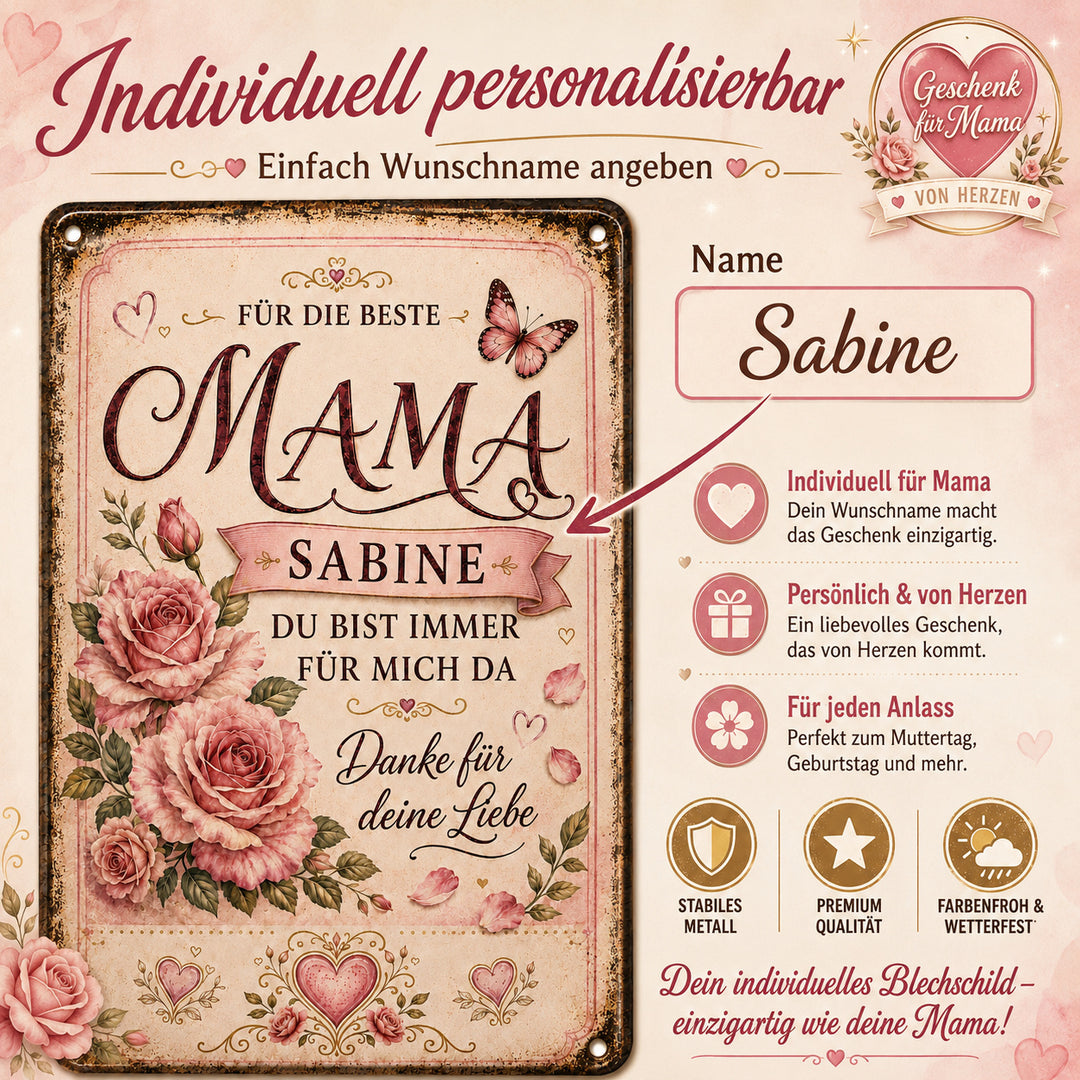 Für die beste Mama – Rosen &amp; Schmetterlinge – personalisiertes Leotie Metallschild, 20 × 30 cm – Produktabbildung 6