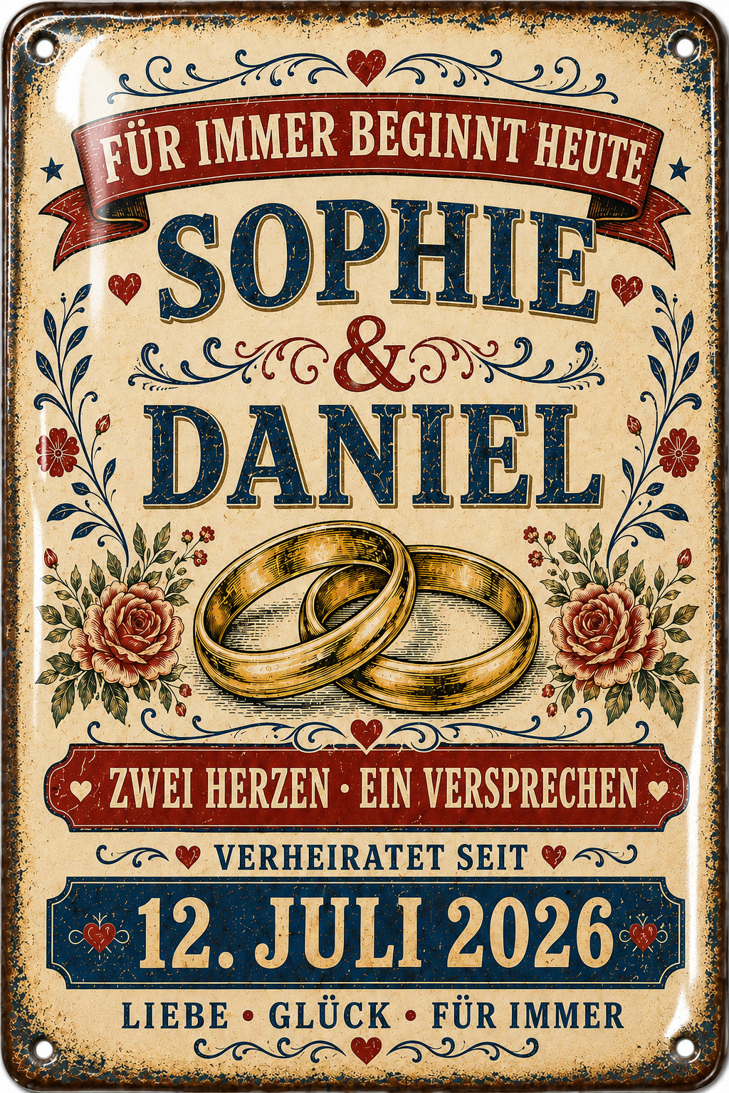 Für immer beginnt heute – Eheringe &amp; Rosen – personalisiertes Leotie Metallschild, 20 × 30 cm – Motivansicht