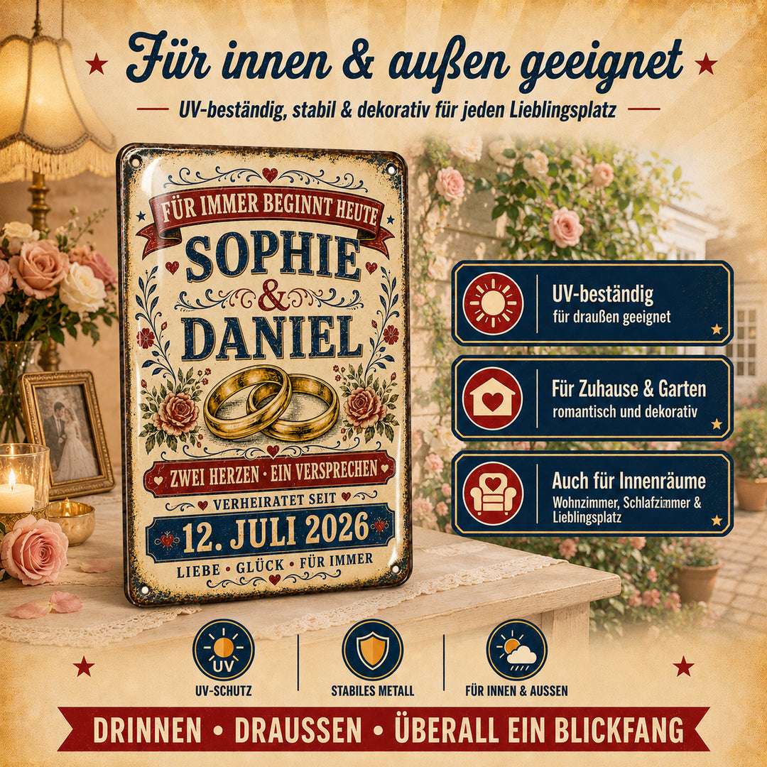 Für immer beginnt heute – Eheringe &amp; Rosen – personalisiertes Leotie Metallschild, 20 × 30 cm – Produktabbildung 3