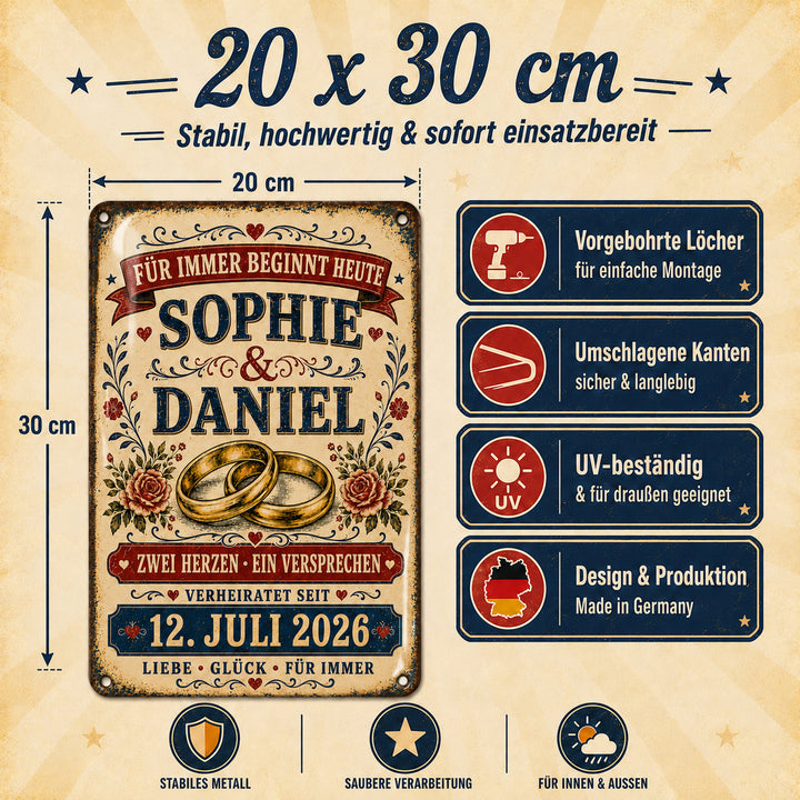 Für immer beginnt heute – Eheringe &amp; Rosen – personalisiertes Leotie Metallschild, 20 × 30 cm – Produktabbildung 4