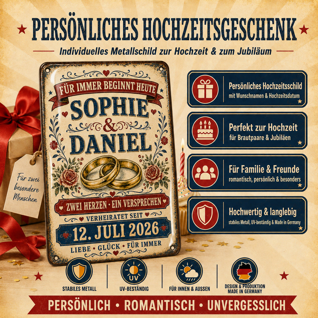 Für immer beginnt heute – Eheringe &amp; Rosen – personalisiertes Leotie Metallschild, 20 × 30 cm – Produktabbildung 5
