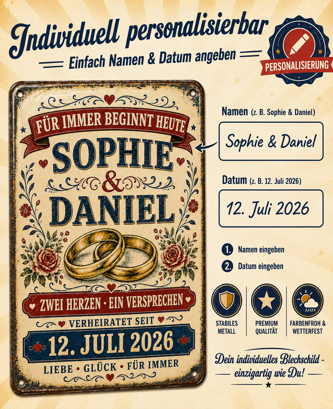 Für immer beginnt heute – Eheringe &amp; Rosen – personalisiertes Leotie Metallschild, 20 × 30 cm – Produktabbildung 6