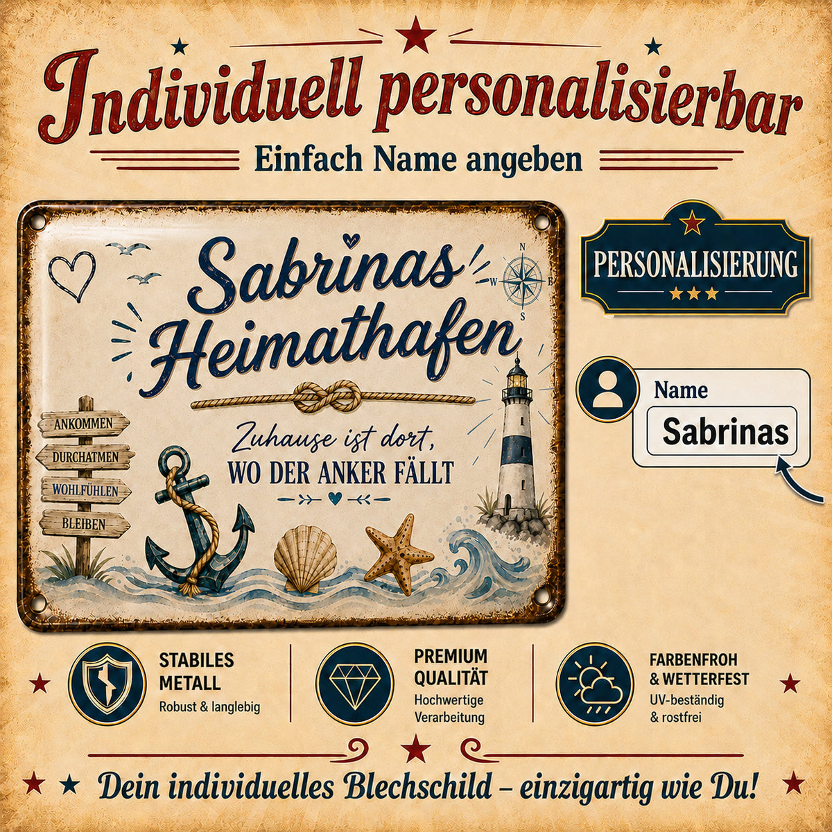Heimathafen – Zuhause ist dort, wo der Anker fällt – personalisiertes Leotie Metallschild, 30 × 20 cm – Produktabbildung 2