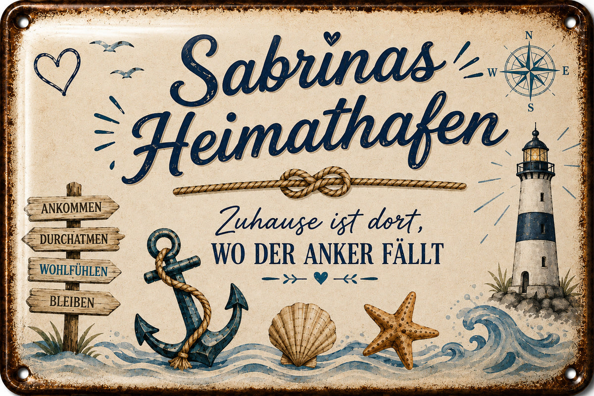 Heimathafen – Zuhause ist dort, wo der Anker fällt – personalisiertes Leotie Metallschild, 30 × 20 cm – Motivansicht
