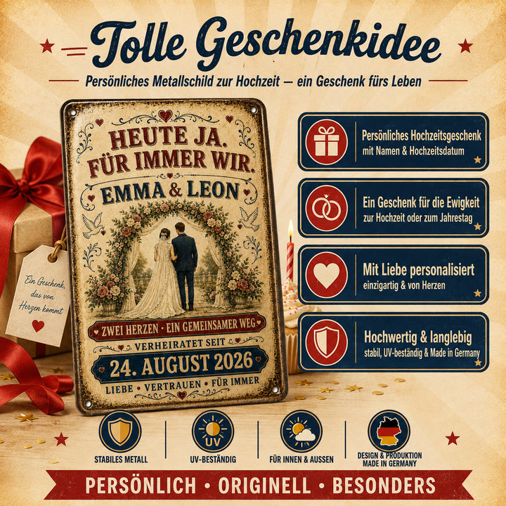 Heute Ja, für immer Wir – Brautpaar im Rosengarten – personalisiertes Leotie Metallschild, 20 × 30 cm – Produktabbildung 3