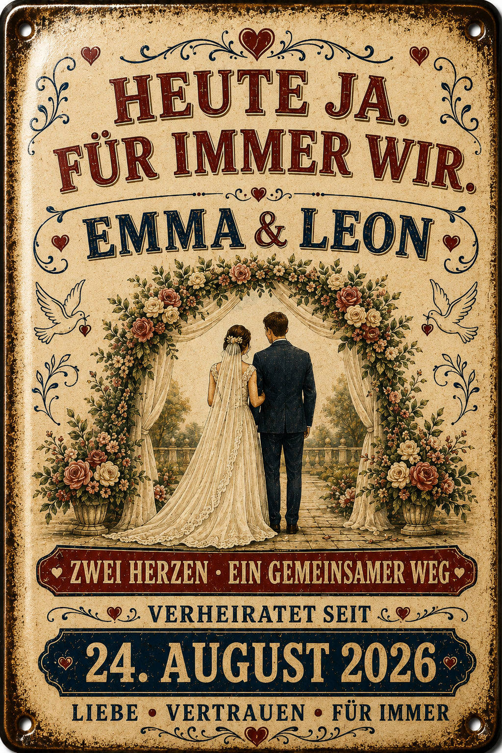 Heute Ja, für immer Wir – Brautpaar im Rosengarten – personalisiertes Leotie Metallschild, 20 × 30 cm – Motivansicht