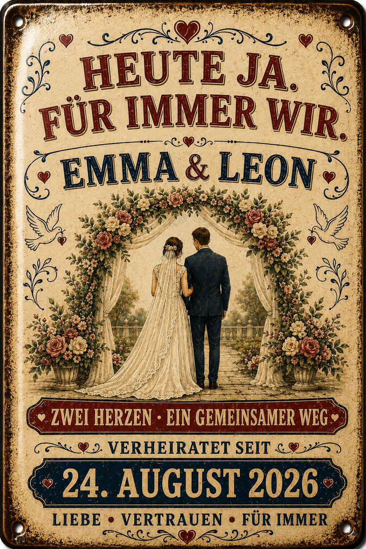 Heute Ja, für immer Wir – Brautpaar im Rosengarten – personalisiertes Leotie Metallschild, 20 × 30 cm – Motivansicht