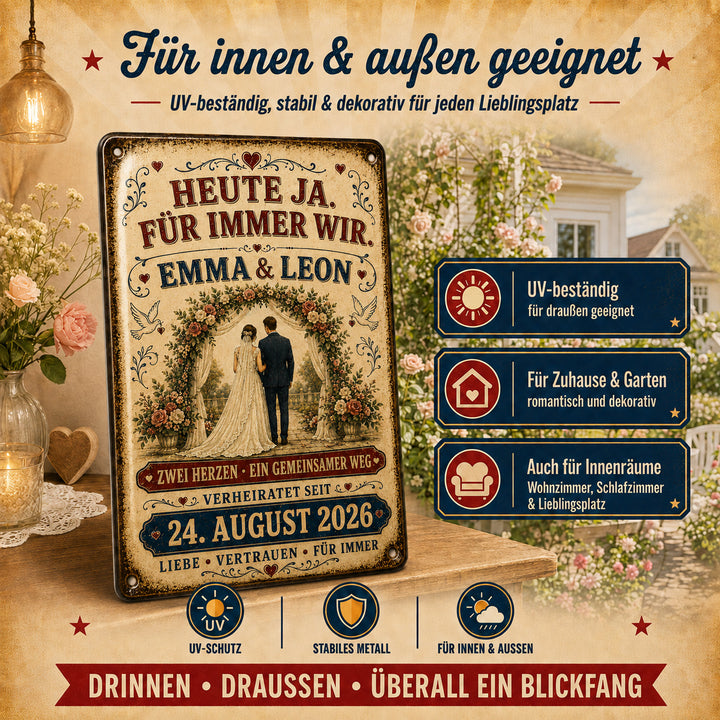 Heute Ja, für immer Wir – Brautpaar im Rosengarten – personalisiertes Leotie Metallschild, 20 × 30 cm – Produktabbildung 6