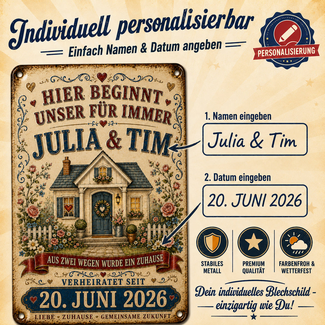 Hier beginnt unser Für immer – Unser Zuhause – personalisiertes Leotie Metallschild, 20 × 30 cm – Produktabbildung 3