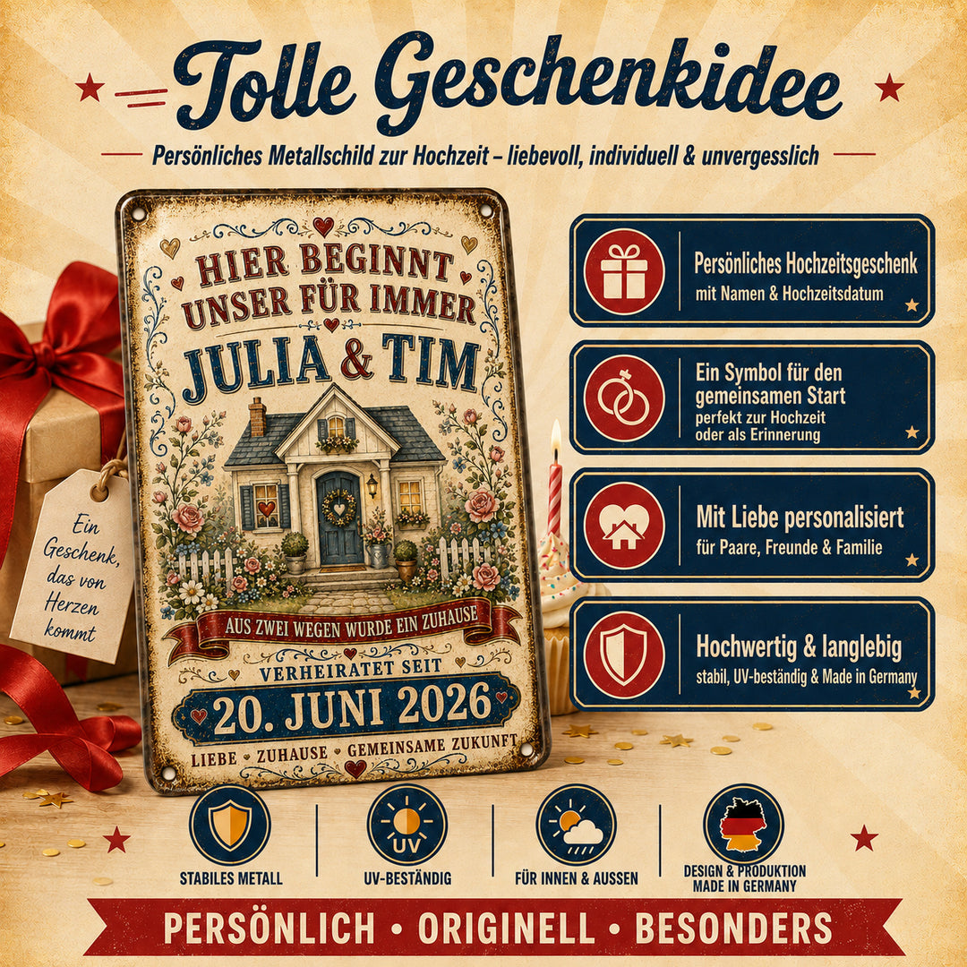 Hier beginnt unser Für immer – Unser Zuhause – personalisiertes Leotie Metallschild, 20 × 30 cm – Produktabbildung 5