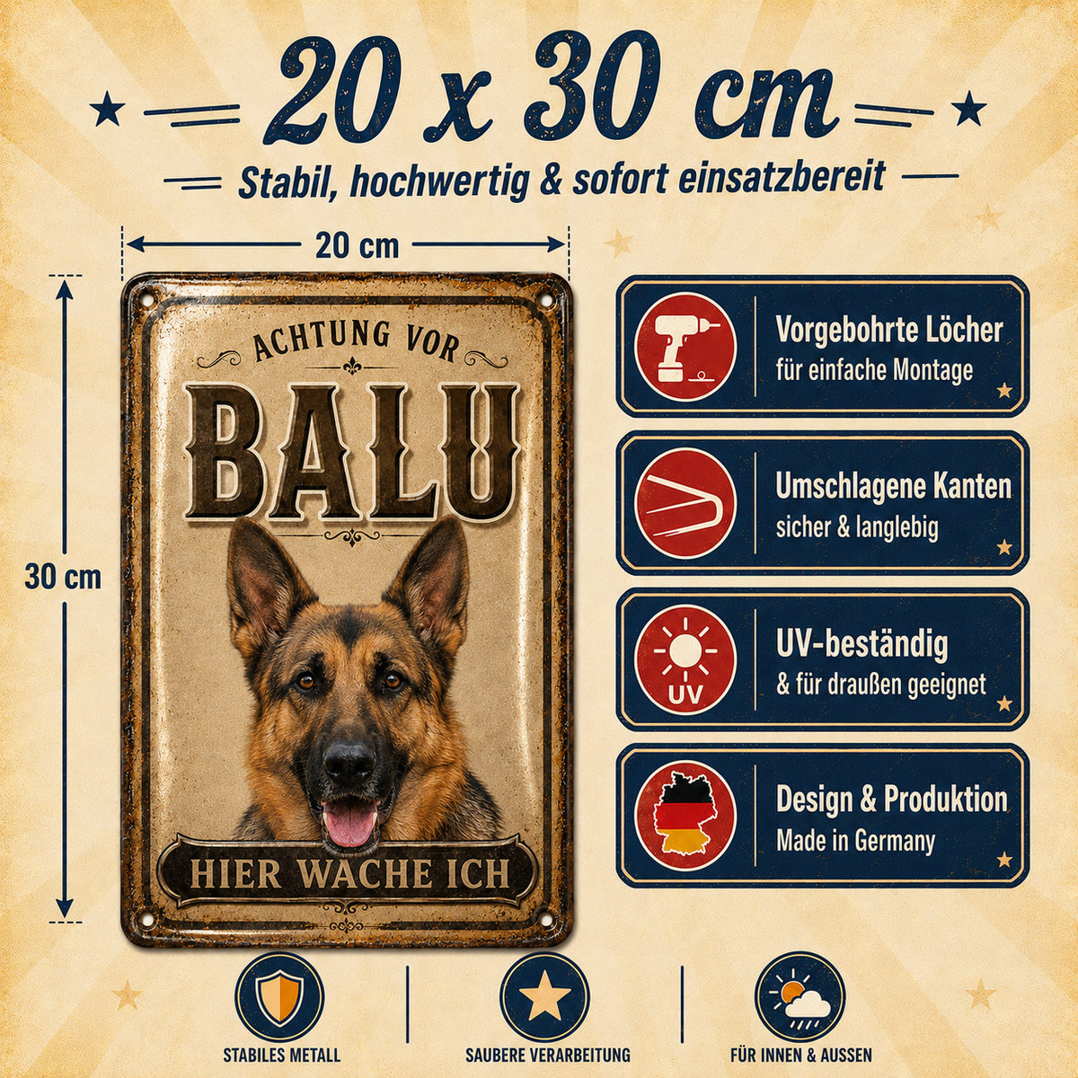 Hier wache ich – Hundeschild mit eigenem Foto – personalisiertes Leotie Metallschild, 20 × 30 cm – Produktabbildung 2