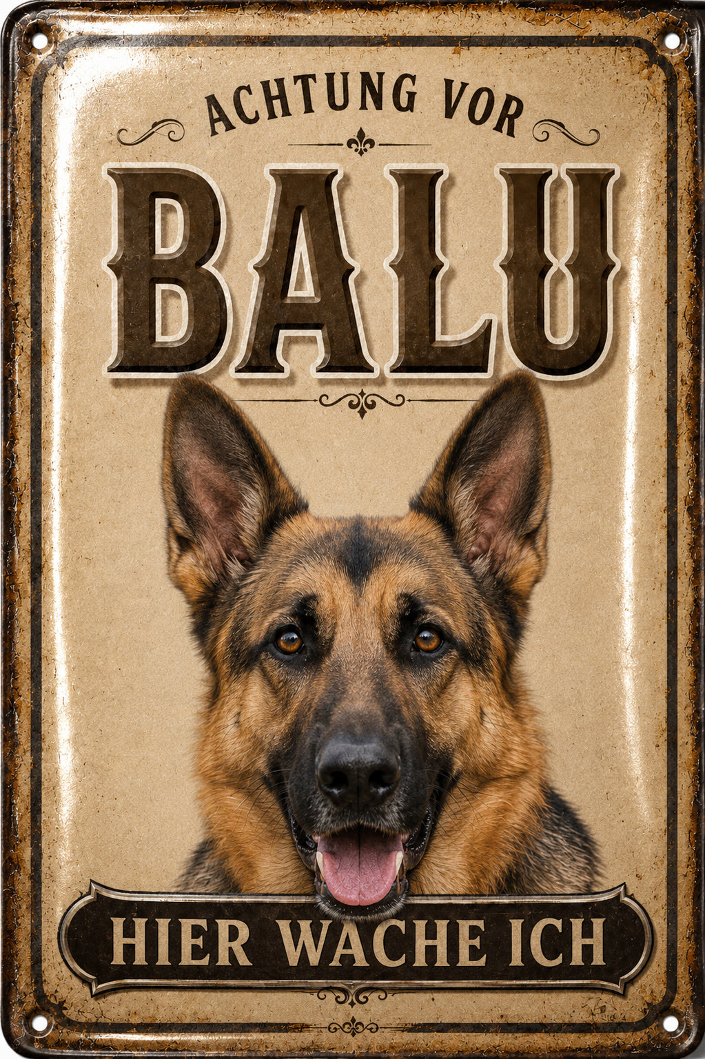 Hier wache ich – Hundeschild mit eigenem Foto – personalisiertes Leotie Metallschild, 20 × 30 cm – Motivansicht