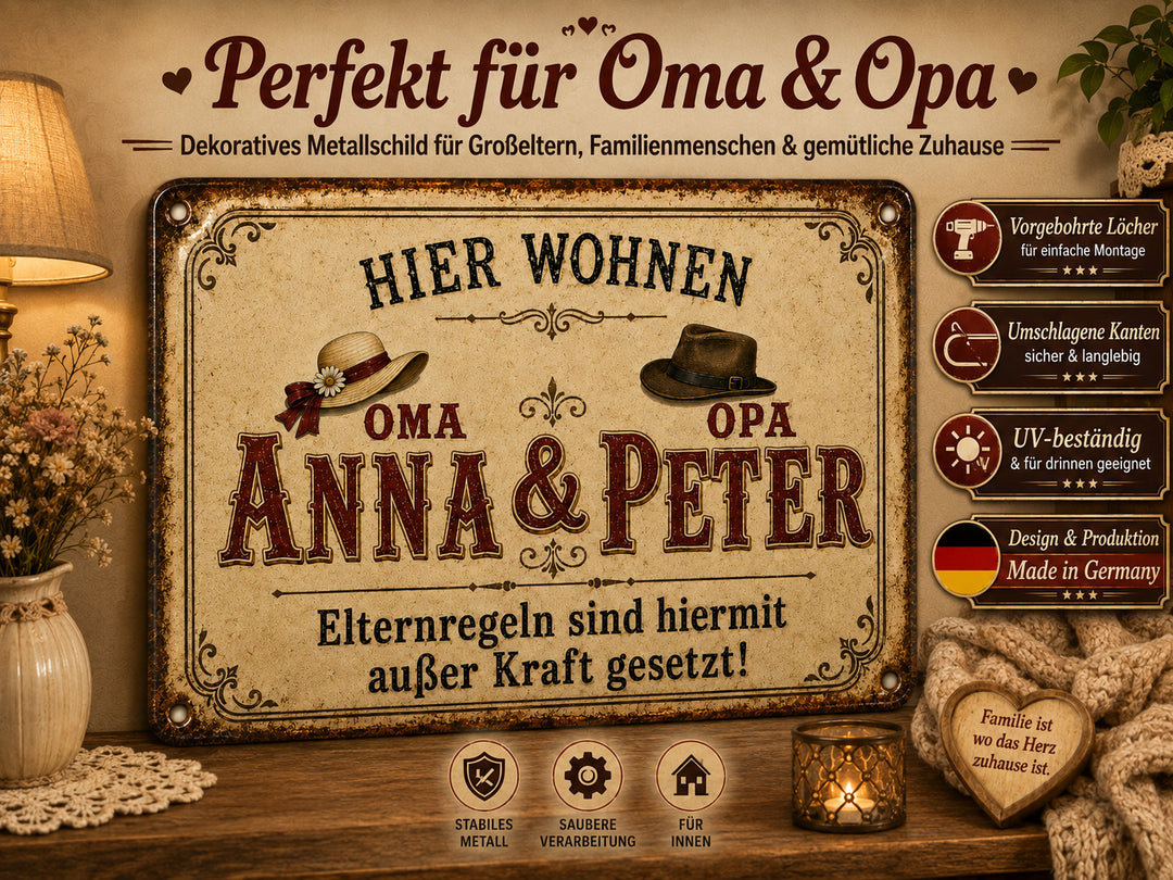 Hier wohnen Oma &amp; Opa – Elternregeln außer Kraft – personalisiertes Leotie Metallschild, 30 × 20 cm – Produktabbildung 3
