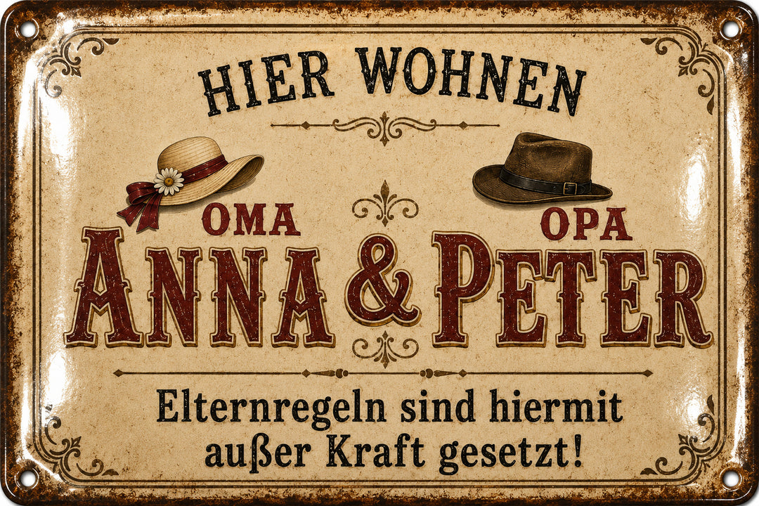 Hier wohnen Oma &amp; Opa – Elternregeln außer Kraft – personalisiertes Leotie Metallschild, 30 × 20 cm – Motivansicht