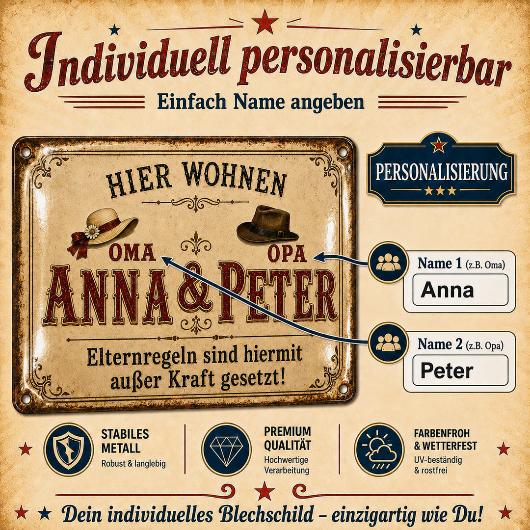Hier wohnen Oma &amp; Opa – Elternregeln außer Kraft – personalisiertes Leotie Metallschild, 30 × 20 cm – Produktabbildung 4