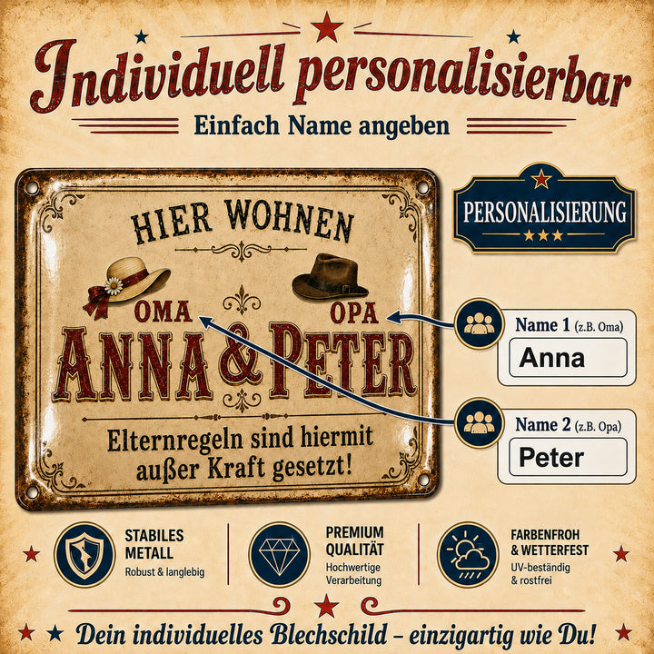 Hier wohnen Oma &amp; Opa – Elternregeln außer Kraft – personalisiertes Leotie Metallschild, 30 × 20 cm – Produktabbildung 4
