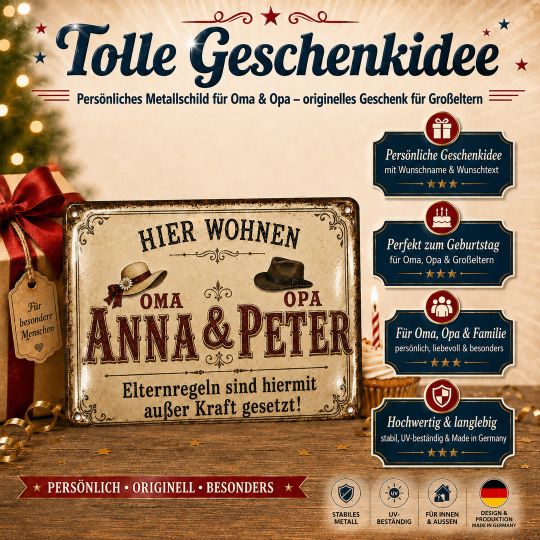 Hier wohnen Oma &amp; Opa – Elternregeln außer Kraft – personalisiertes Leotie Metallschild, 30 × 20 cm – Produktabbildung 5