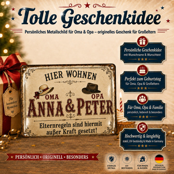 Hier wohnen Oma &amp; Opa – Elternregeln außer Kraft – personalisiertes Leotie Metallschild, 30 × 20 cm – Produktabbildung 5