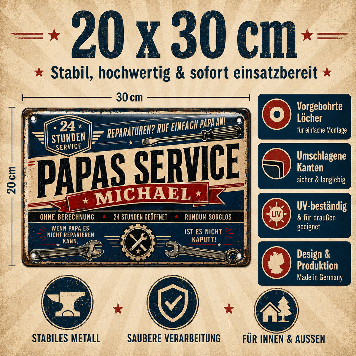 Papas Service – 24 Stunden geöffnet – personalisiertes Leotie Metallschild, 30 × 20 cm – Produktabbildung 2