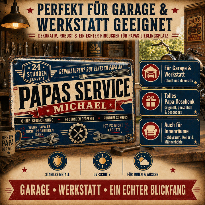 Papas Service – 24 Stunden geöffnet – personalisiertes Leotie Metallschild, 30 × 20 cm – Produktabbildung 3